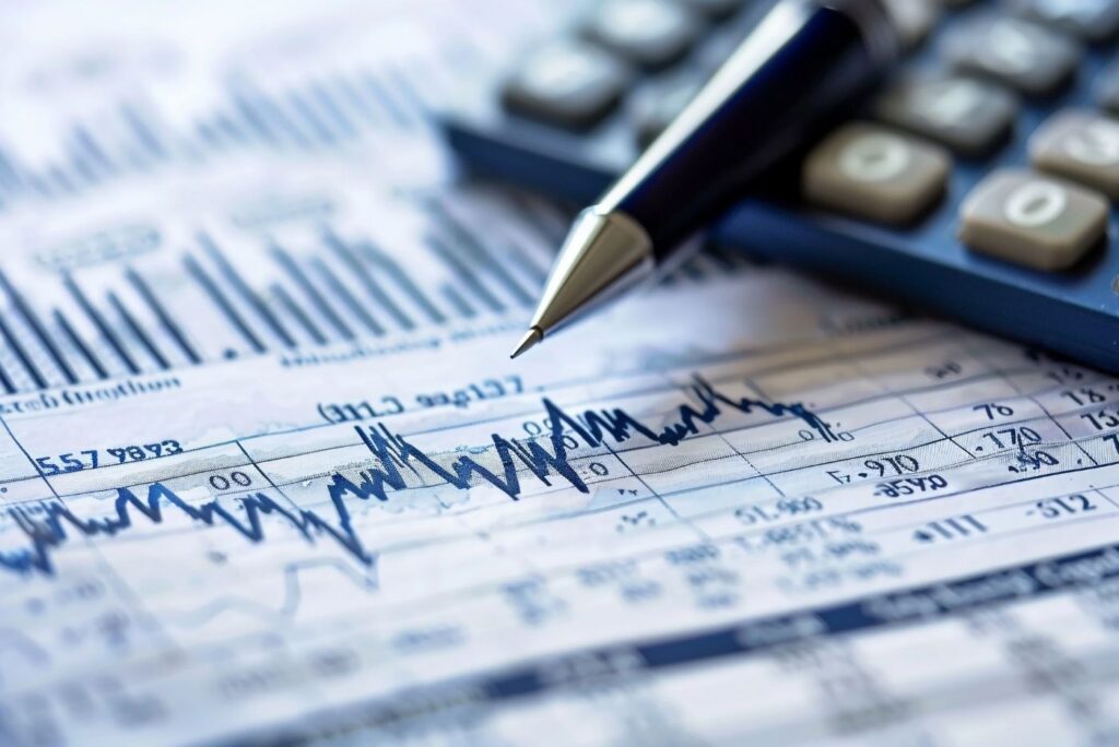 Graph of markets with pen and calculator in background