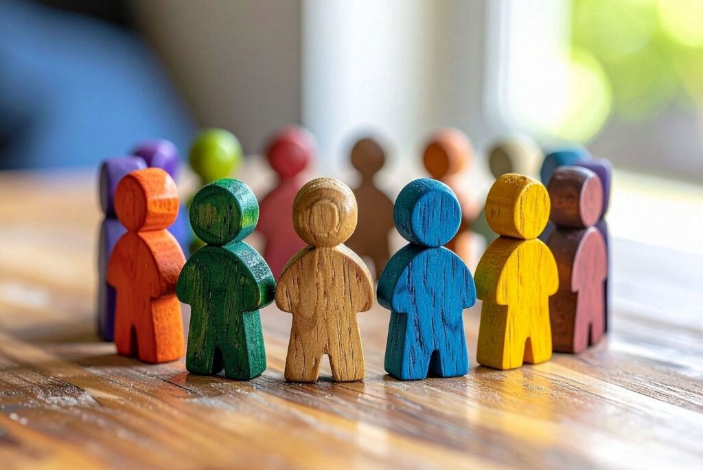 Colorful Wooden Figures on Wooden Surface